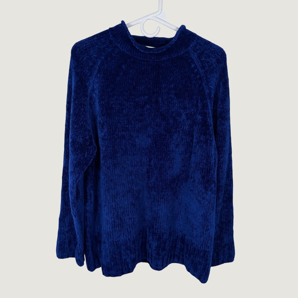 Basic Editions Chenille Sweater XL Blue Mock Rolled Neck Soft Knit Vintage 90s